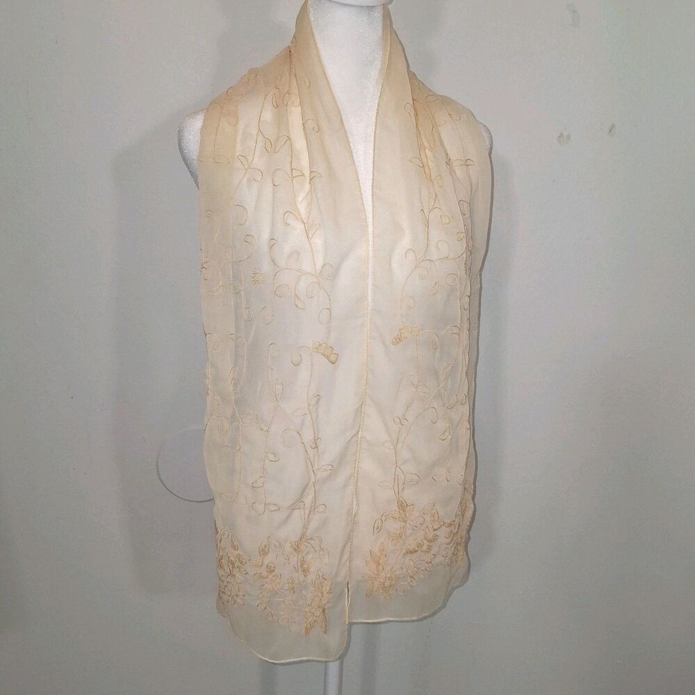 Embroidered Floral Sheer Scarf Os Boho Hippie Neutral Fairy Cottage Whimsical
